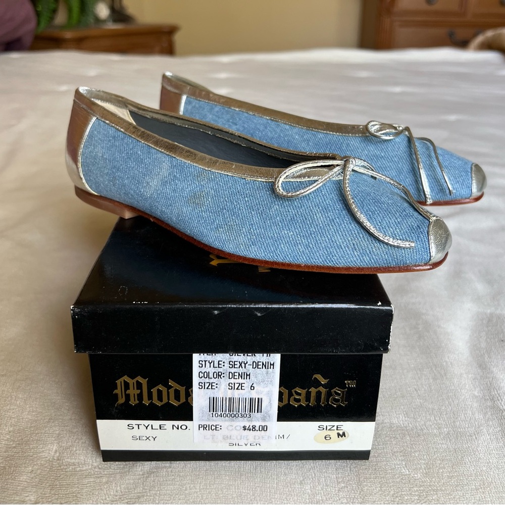 Moda Spana Blue Silver Loafers with Bow Accent